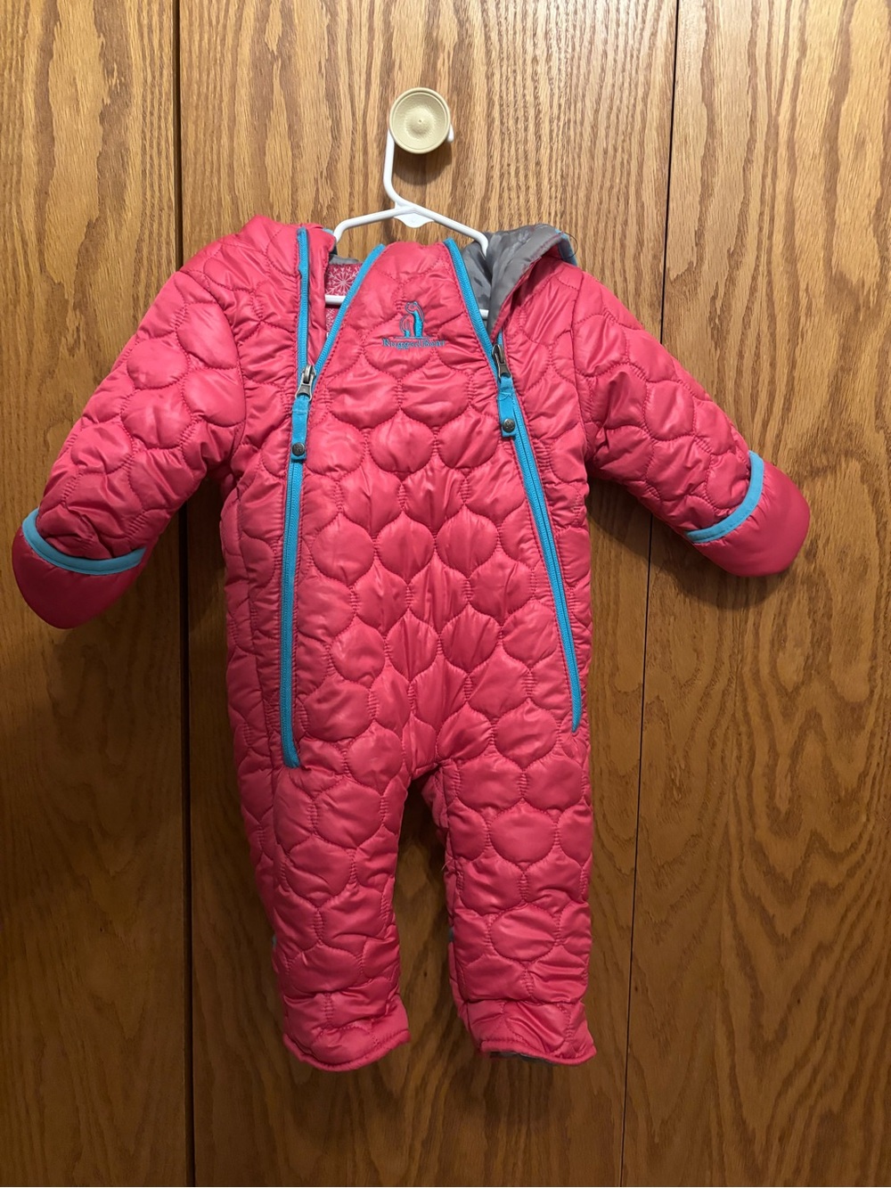 Pink Quilted Infant Snowsuit with Blue Trim